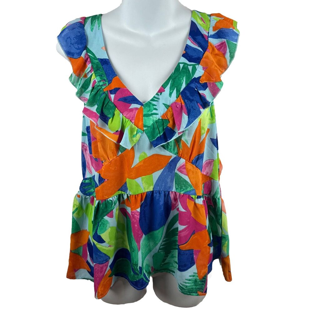 Floral & Ivy Tropical Peplum Top Ruffle V-Neck Tie Back Resort Wear Large